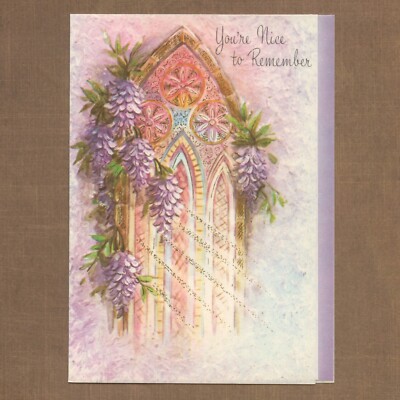 Unused Vintage A Select Card THINKING OF YOU Card, Pink Flower Cathedral Window