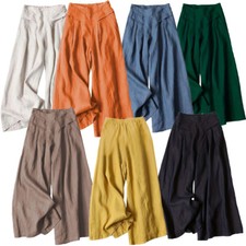 Womens Trousers Cotton Culottes Pockets Leg Pants Loose Waist Palazzo Elastic