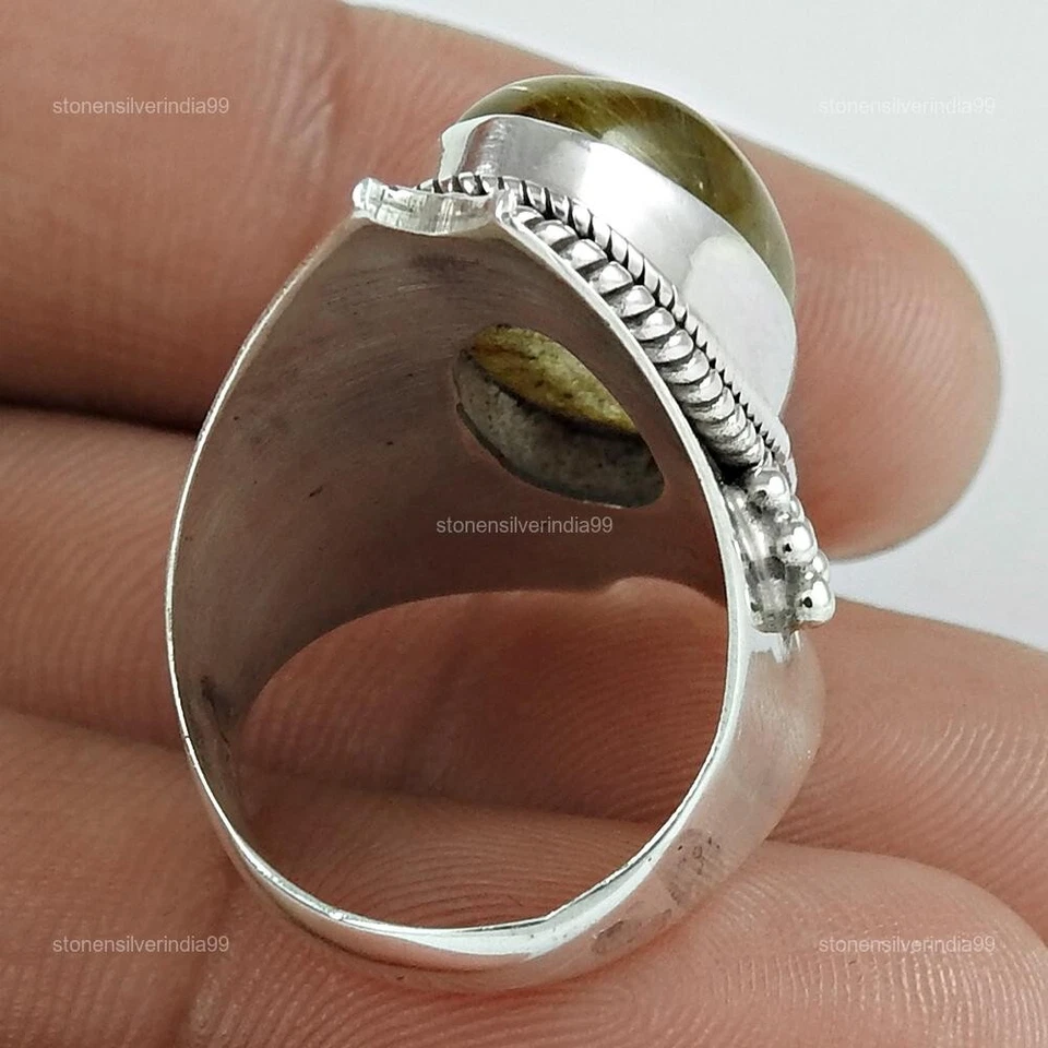 Anillo de cóctel con bisel de plata esterlina 925 piedras preciosas de rutilo dorado ovalado joyería EE. UU. 6 Foto 4 de 4