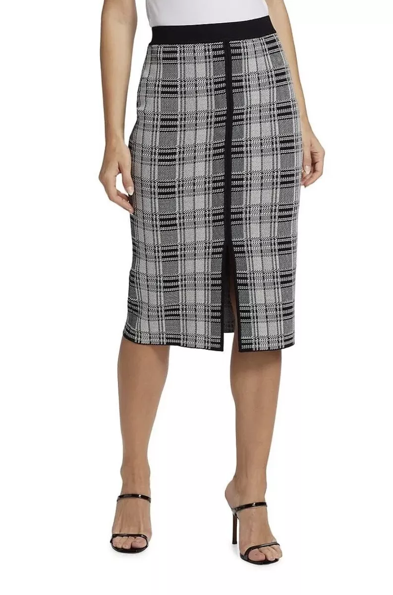 Elie Tahari The Archer Plaid Knit Midi-Skirt Large NWT $275 black