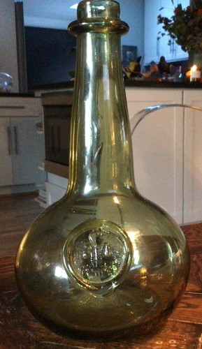 Vintage Joseph Frances Applied Medallion Green Glass Hand Blown ONION BOTTLE