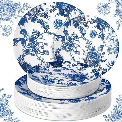 Suclain 60 Pcs Blue and White Plastic Plates Blue Floral Plastic Plates 