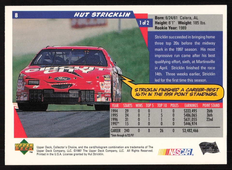1998 Collector's Choice #8 Hut Stricklin - Image 2 of 2