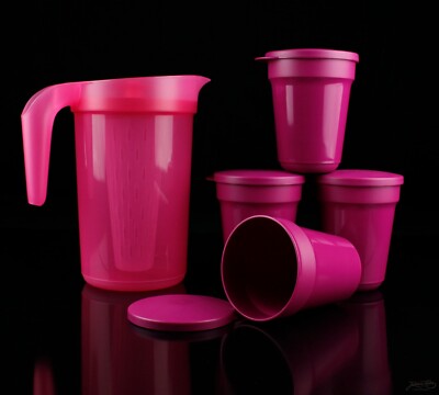Tupperware Aloha Trinkbecher 2L Kanne Pink + 4x 470ml Becher Picknick Garten