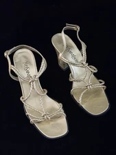 Yves Saint Laurent Braided Leather Gold Chunky Heel Open Toe Sandal 7.5