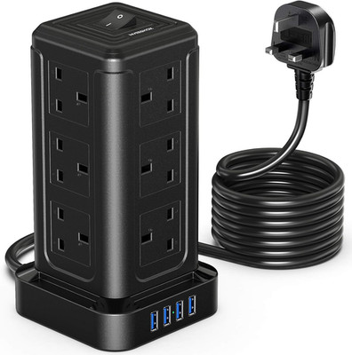 NVESHOX Verlängerungskabel Überspannungsschutz, 12-fach Steckdosenleiste Tower mit 4 USB Slo