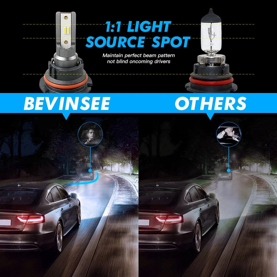 BEVINSEE 2x 9007 HB5 LED Headlight Bulbs CSP 50W 6000LM High Low Beam 6000K Kit - Image 3 of 4