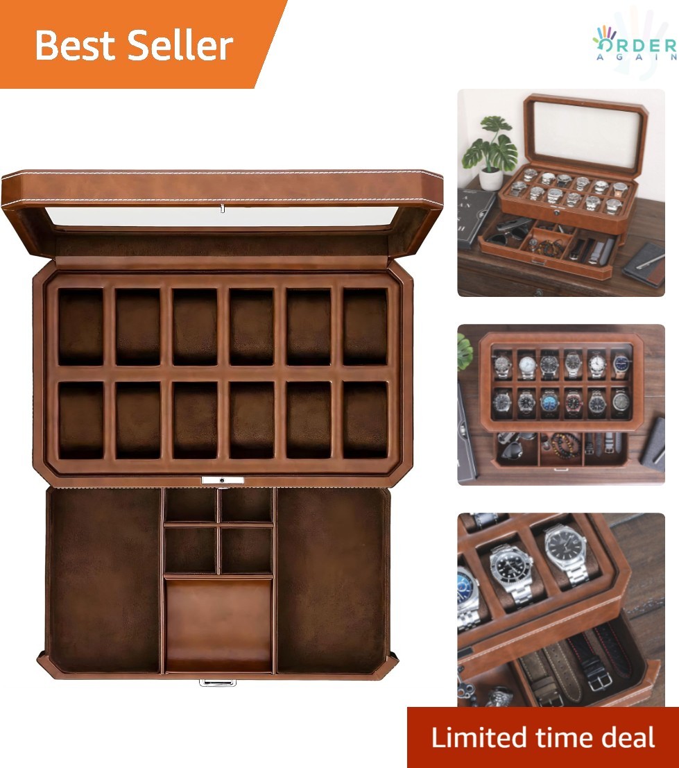 Leather Watch Box Organizer 12 Slots Modern Storage Case wit