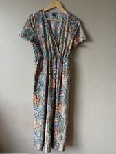 Paisley Print Colorful Maxi Dress with Slit Size L Short Sleeve Resortwear Boho