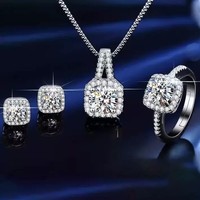 925 Sterling Silver Crystal Square Pendant Necklace Stud Earring Women Jewellery