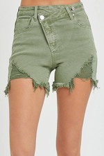Risen Womens Denim Crossover Shorts Small Frayed Hem Distressed Asymmetrical Zip