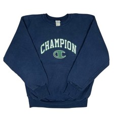 Vintage 90s Champion Reverse Weave Crewneck XL Embroidered Blue Green Spellout