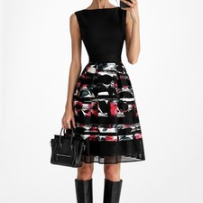 Vintage Y2K Black Floral Print Knee Length Flared A-Line Cocktail Dress Size M
