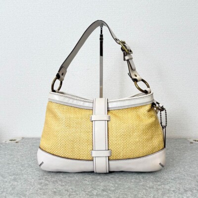 Coach Legacy Buckle Straw Shoulder Bag Leather Ivory Women's From
