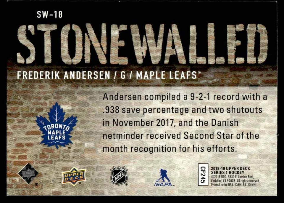 2018-19 Upper Deck Stonewalled Frederik Andersen Toronto Maple Leafs #SW-18 - Image 2 of 2