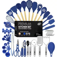 Kaluns Silicone kitchen Utensil Set of 50 Premium Silicone Cooking Utensils Blue