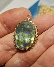 Gold Tone Oval Abalone Shell Pendant 1.25"