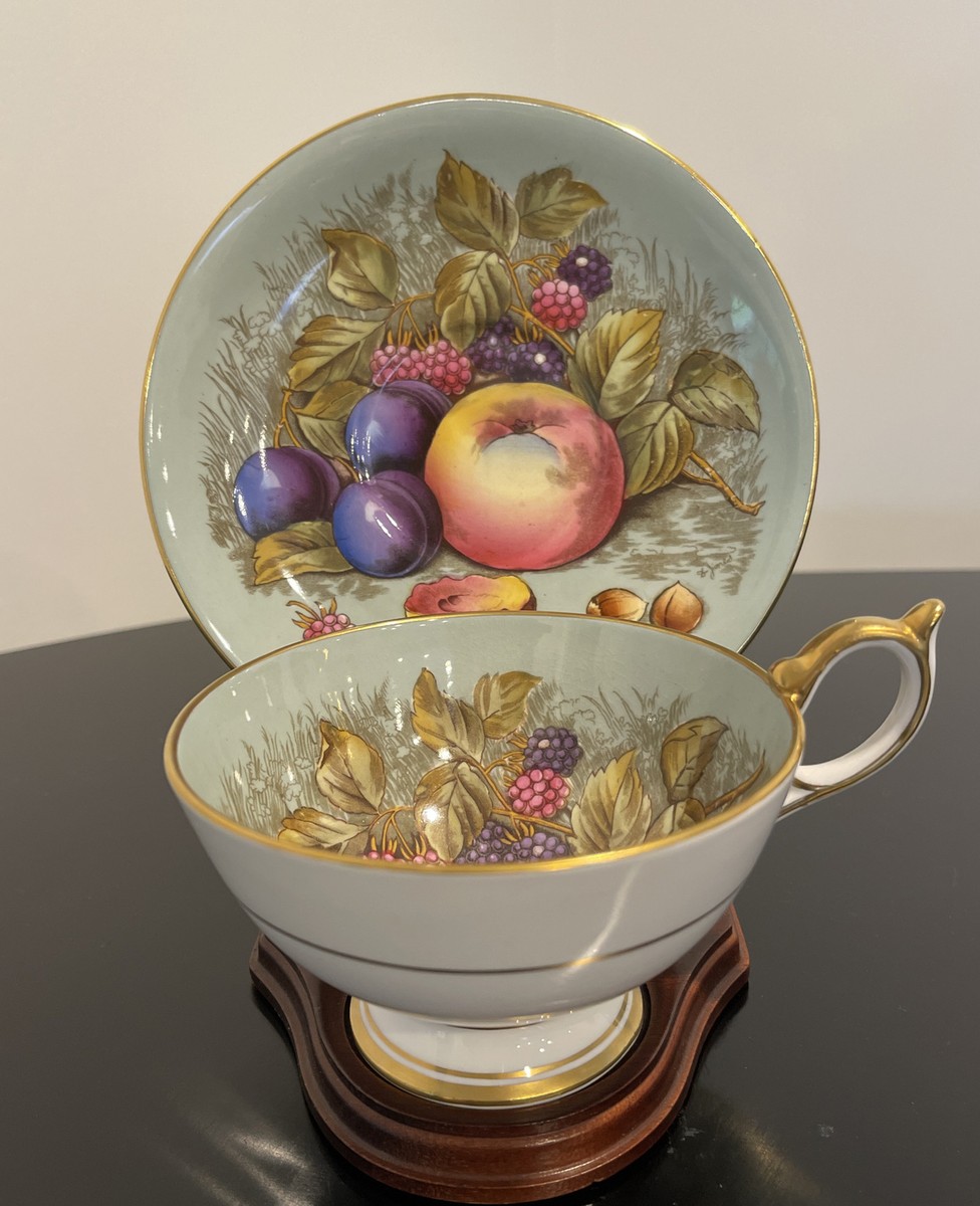 Aynsley Orchard Fruit Sage Green Tea Cup Teacup Saucer Signed D