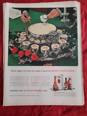 1955 VTG Orig Magazine Ad Four Roses Whiskey Merry Christmas Time To Make A Bowl