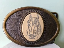 Vintage Oden Inc  Bronzetone Metal Oval Horse Head Belt Buckle