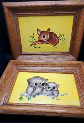 2 Vintage Signed Owls / Fawn Deer Nursery Paintings Signed Von Wood Frames 5 x 7