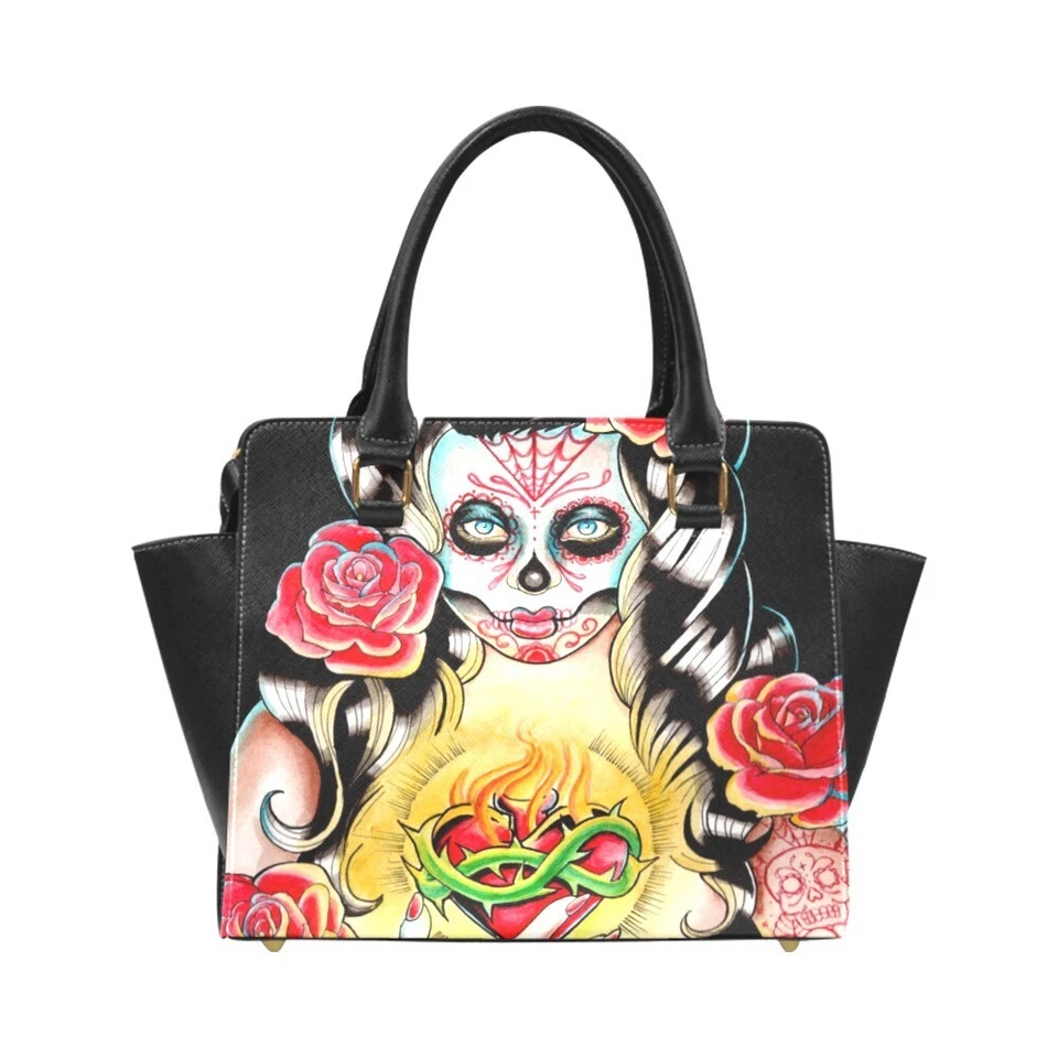 Large Studded Shoulder Purse | Sacred | Day of the Dead Sugar Skull Tattoo Girl - Image 2 of 4