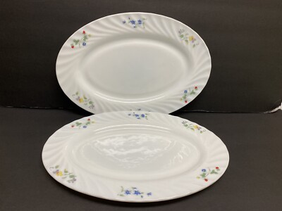 (2) WHITE FLORAL CHINBULL OPAL GLASSWARE PLATTERS 13.5'' X 9.5'' APPROX GUC