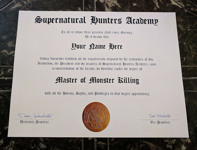 SUPERNATURAL HUNTERS ACADEMY Diploma w/Your Name, Winchesters, Halloween Prop