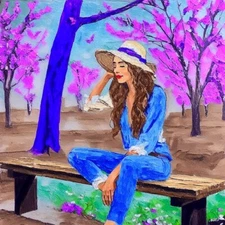 Girl in the park Original painting Woman in a Straw Hat abstraction artwork