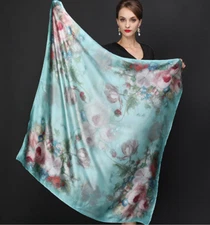 100% Silk 43" Square Scarf Women large Shawl Wrap floral blue red pink WY177