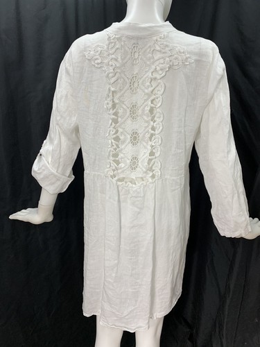 Rosemarine 100% Linen Long Tunic Top White Italy Lace Back Poet Boho Sz S Tab Sl
