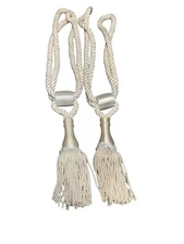 Vintage Ivory Curtain Tie Backs Pair with Tassels 17" Long Decorative Rope Holdb