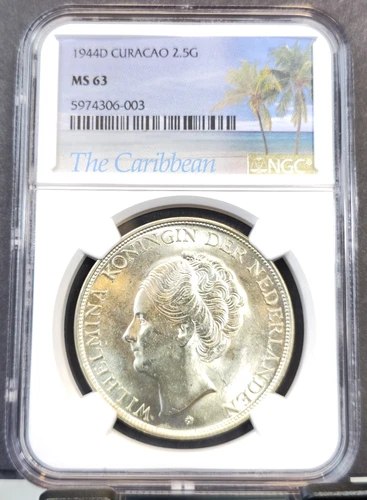 1944 CURACAO SILVER 2.5 GULDEN QUEEN WILHELMINA NGC MS 63 BEAUTY