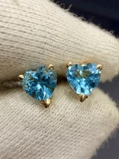 14k Yellow Gold Blue Topaz Heart Shaped Studs Push Back Earrings