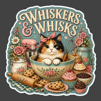 Cat Sticker Vinyl Decal Whiskers & Whisks Baking Cat Mom Kitchen Gift