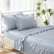 Dust Blue White Plaid Ruffle Gingham Sheets Full Size 4-Piece Set, 300TC 100 ...