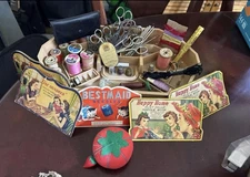 1970 Lerner Faux Wood/Plastic Wicker Sewing Box & Vintage Notions