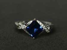 2 Ct Princess Cut Simulated Sapphire Women Engagement Ring 14K White Gold Plated