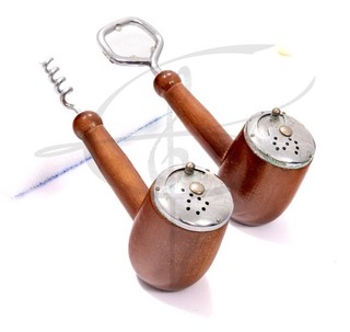 Vintage Wood Bottle Opener & Corkscrew Tobacco Pipe Salt and Pepper shaker set
