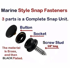 Marine Snap Fasteners 20 sets All 3 Part BLACK steel 5/8" - NO Tool  Made in USA