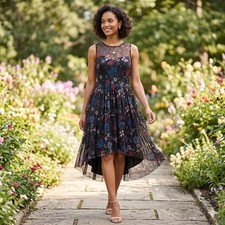Black Floral Mesh High Low Illusion Neck Sleeveless A-Line Party Dress Womens