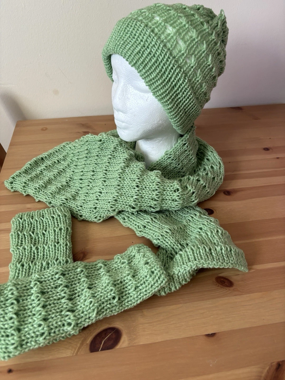 Handmade Knitted Ladies Beanie Hat, Mitts and scarf set