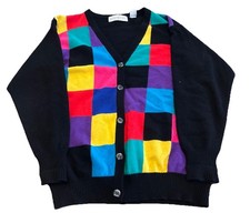 80's Vintage 100 Lambswool Bright Cardigan Sweater L Black Multicolor