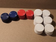 Vintage Used Plastic Poker Chips, Red, White, Blue, 98 Chips Total Mid Century M
