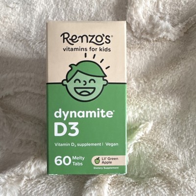 Renzo's Dynamite D3 Vitamin D3 Vegan Melty Tabs Green Apple Kids 60ct