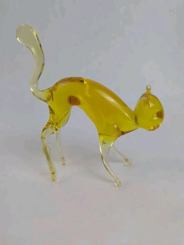 Vintage MCM Viking Glass Amber/Yellow Kitten Cat Figurine Art Glass Murano Style
