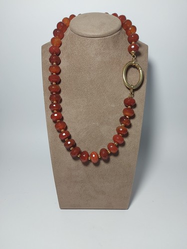 Women Necklace Natural Hard Stones Red Cornelian and Clasp Large 925 Silver - Picture 2 of 10