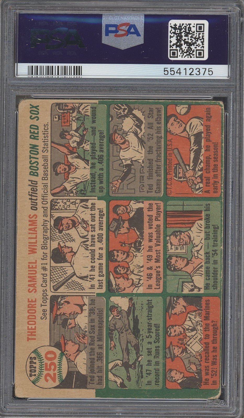 1954 Topps #250 TED WILLIAMS - PSA 2 - Red Sox HOF Legend Splendid Splinter view 2