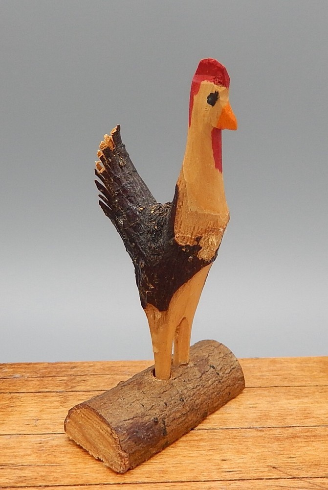 OOAK Hand Carved Wooden Rooster Statue Artisan Dollhouse Miniature 1:12