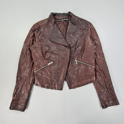 John Richmond Womens Leather Jacket Brown IT 44 Lamb Skin Croc Style Biker
